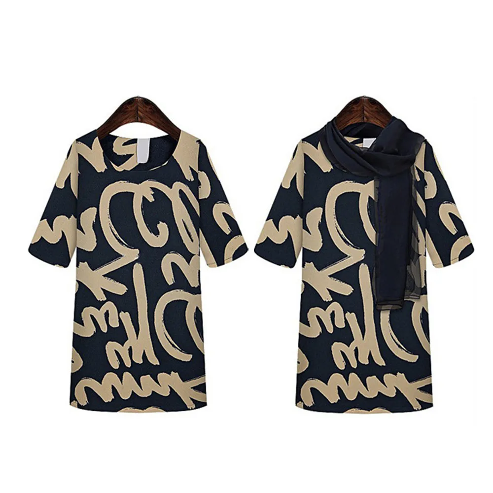 New Summer Women Girls Dress Fashion Graffiti Alphabet Black Linen Office Lady Dress Clothes