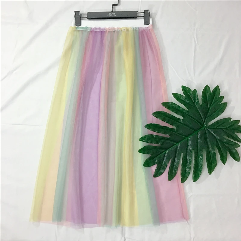 2019 Hot Petticoat Colorful Tutu Mesh Skirt Women Elastic High Waist Rainbow Striped Transparent Tulle Tutu Midi Skirt