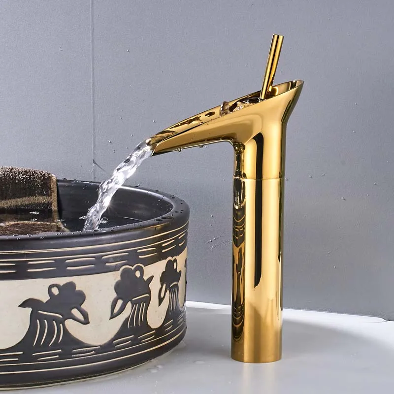 

Luxury Gold Color Brass Basin Faucet Deck Mount Waterfall Bathroom Sink Faucet Single Handle One Hole Mixer Tap