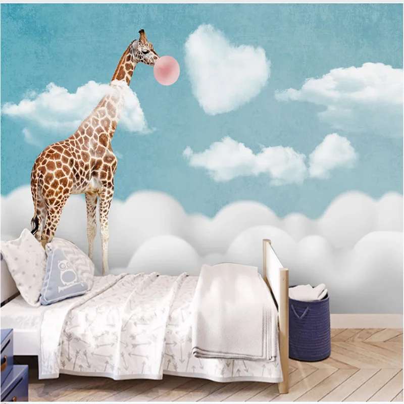 xuesu Custom wallpaper children's room sky creative clouds giraffe bedroom cartoon mural 8D waterproof wall covering