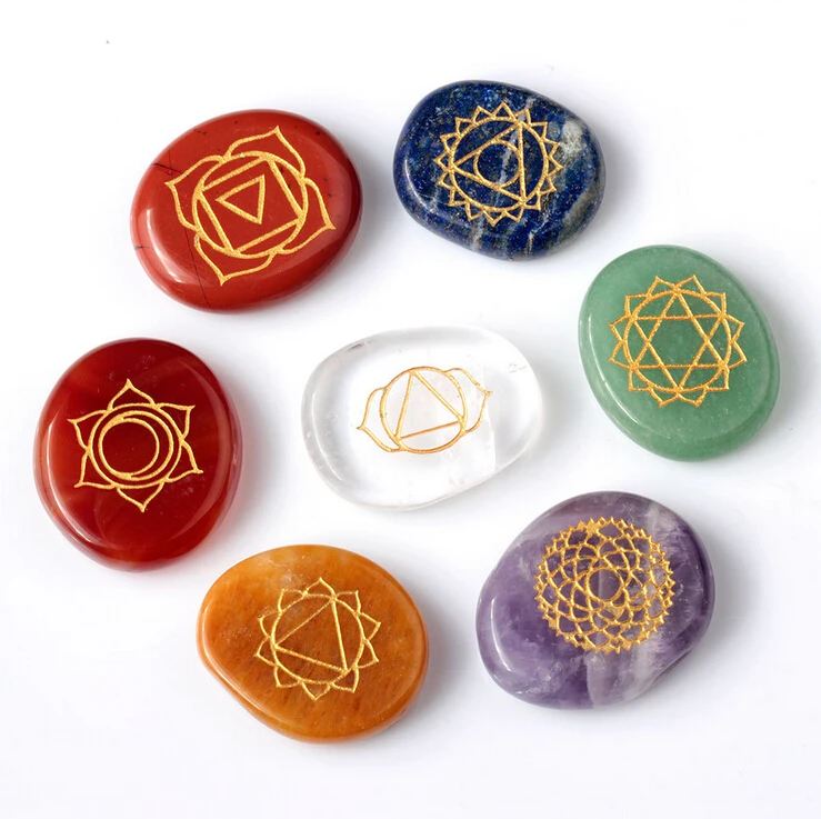 Wholesale Set of 7 stones Reiki Chakra Healing Stones Chakra Case,7 Chakra Stones with Engraved Chakra Symbols