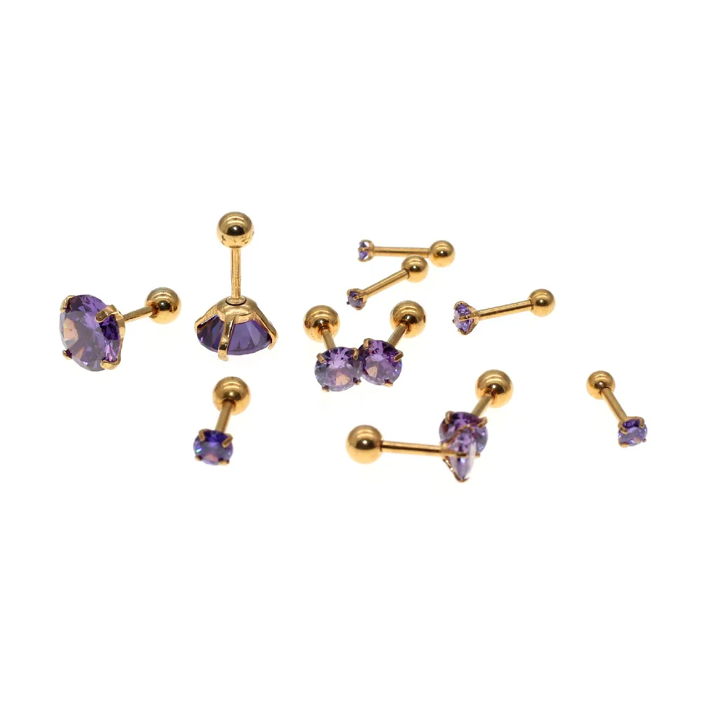 Needle 1.2*6MM Stainless Steel Screw-back Purple AAA Zircon Stud Earrings Golden IP Plating No Easy Fade Allergy Free