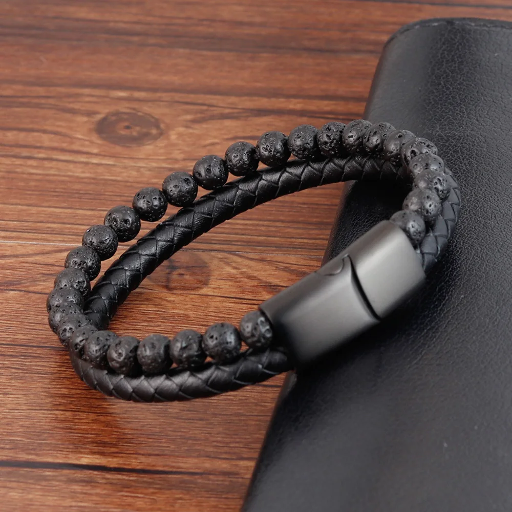 Punk Men Braid Bracelet Multilayer Leather Natural Stone Beaded Bangle Stainless Steel Magnetic Clasp Male Jewelry
