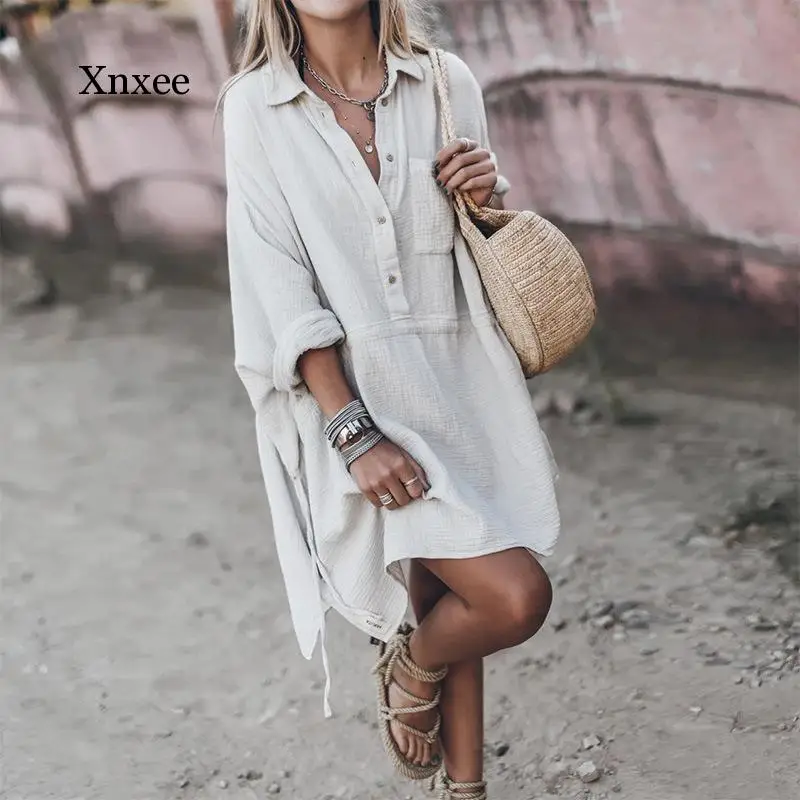 

Autumn Dress Autumn Women's Sexy Casual Linen Loose Dress Ladies Pure Black Rejection Collar Chest Button Tight Dress