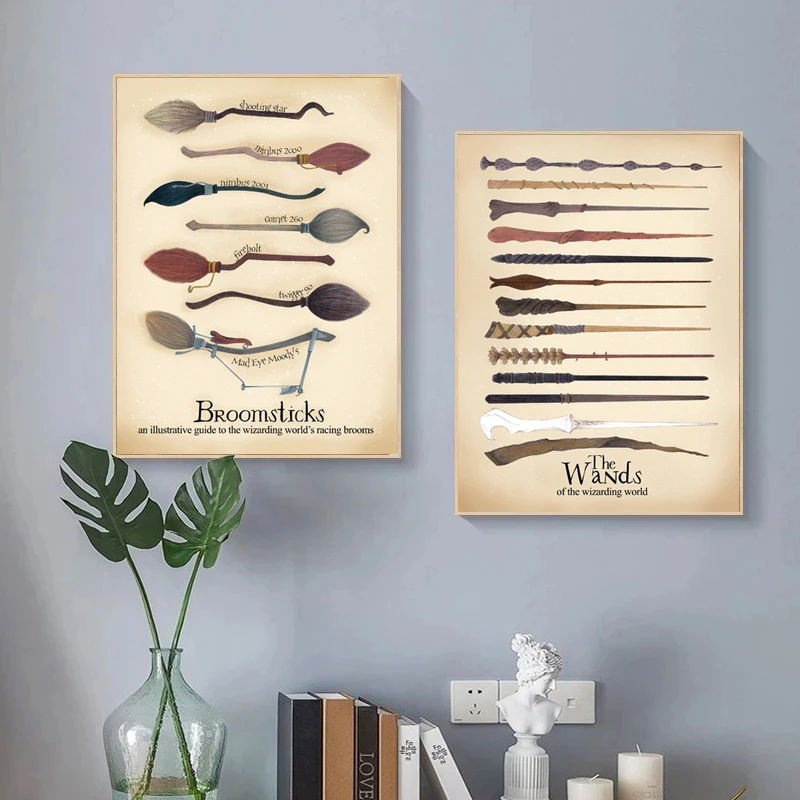 Vintage Prints Magic Wand Poster Racing Brooms Hand Drawn Quidditch Canvas Painting Wall Art Pictures Room Decor Gift Idea