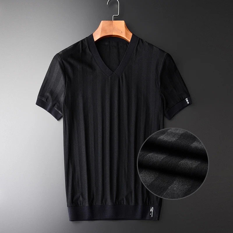 

Summer Thin Rib V-neck New Arrival Slim Fahion Dark Grain Fabric Short Sleeve Men's T-shirts Plus Size 3XL