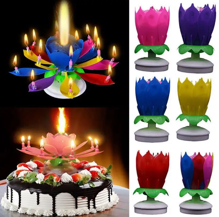 Musical Birthday Candle Magic Lotus Flower Candles Blossom Rotating Spin 14 Small Candles 2layers Cake Topper decoration SN608