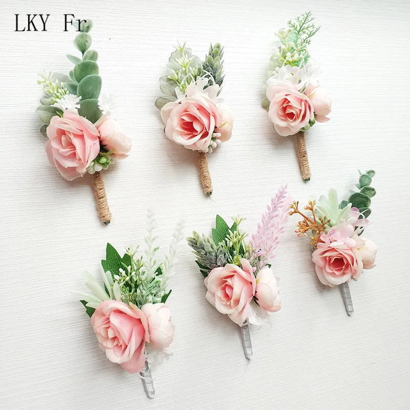 LKY Fr Boutonniere Flowers Wedding Corsage Pins White Pink Groom Boutonniere Buttonhole Men Wedding Witness Marriage Accessories