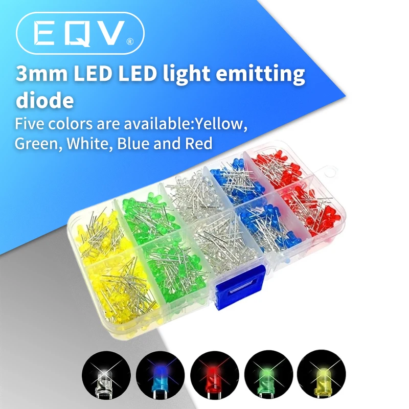 300PCS 500PCS 3mm 5mm LED Light White Yellow Red Green Blue Assorted Kit DIY LEDs Set 3V 20mA