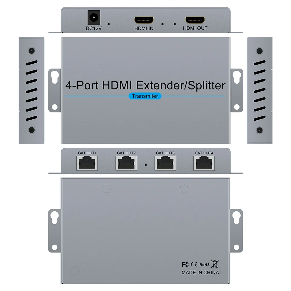 200ft HDMI- compatible Splitter Extender 1x4 60m Over RJ45 CAT5e CAT6 Cable (1 Transmitter HD Loop out & 4 Receiver) HD 1080P