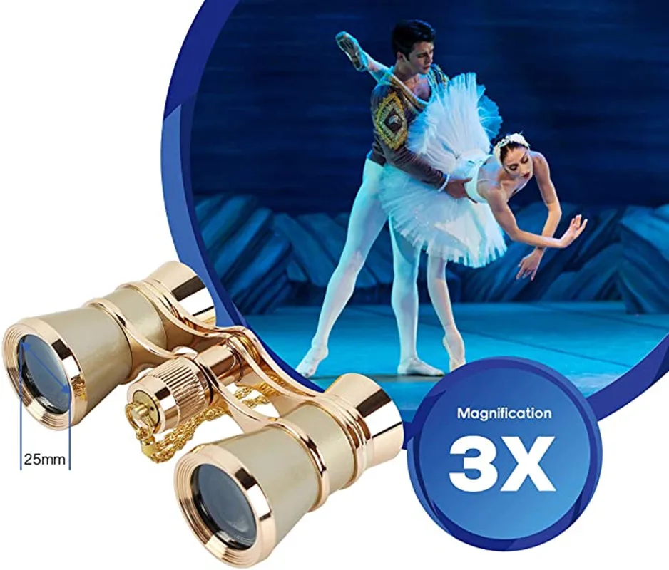 Opera Glasses Binoculars 3X25 Theater Glasses Mini Binocular Compact with Chain for Adults Women in Musical Concert（Gold)）