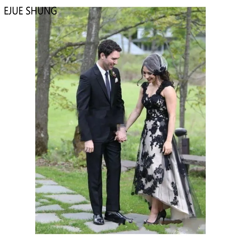 

EJUE SHUNG Black and Champagne Wedding Dresses Cap Sleeve Sweetheart Backless Appliques Country Wedding Gowns robe de mariee