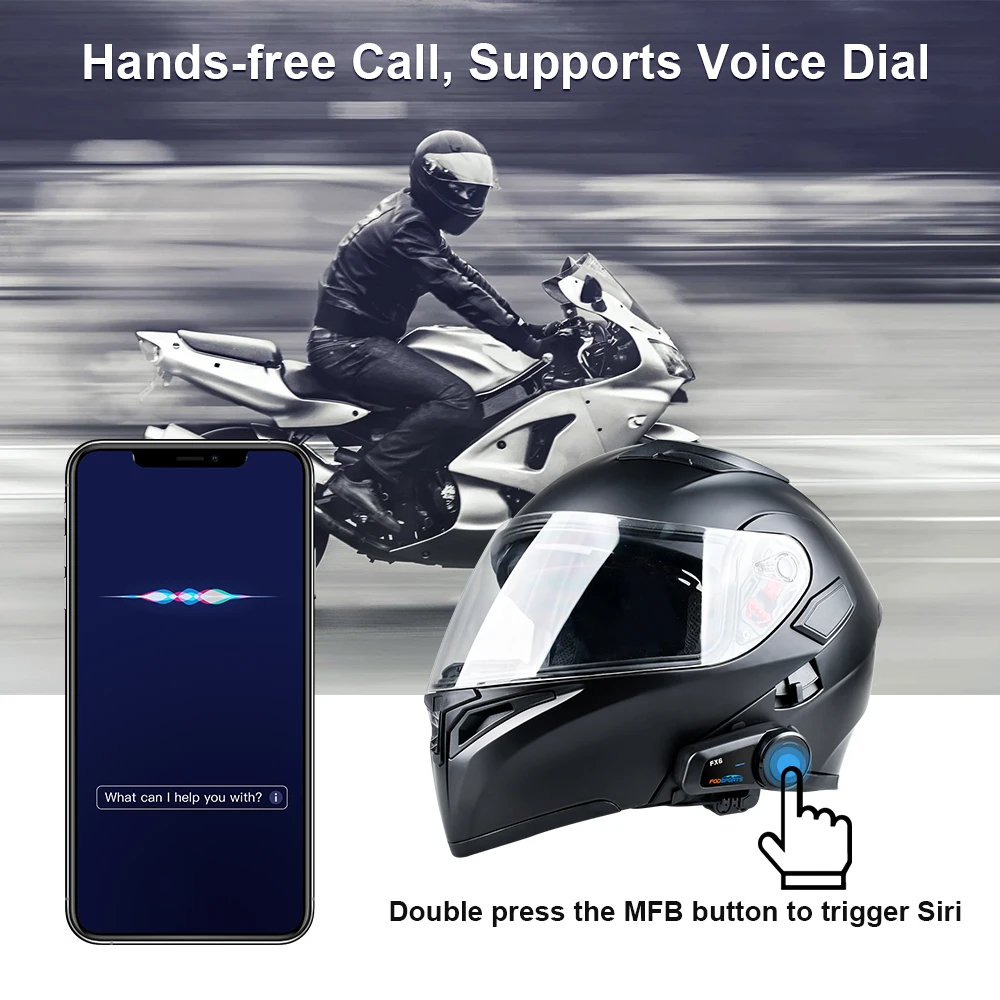 2pcs Fodsports FX6 Helmet Intercom Motorcycle Helmet Bluetooth Headset Interphone,6 Riders,1000m