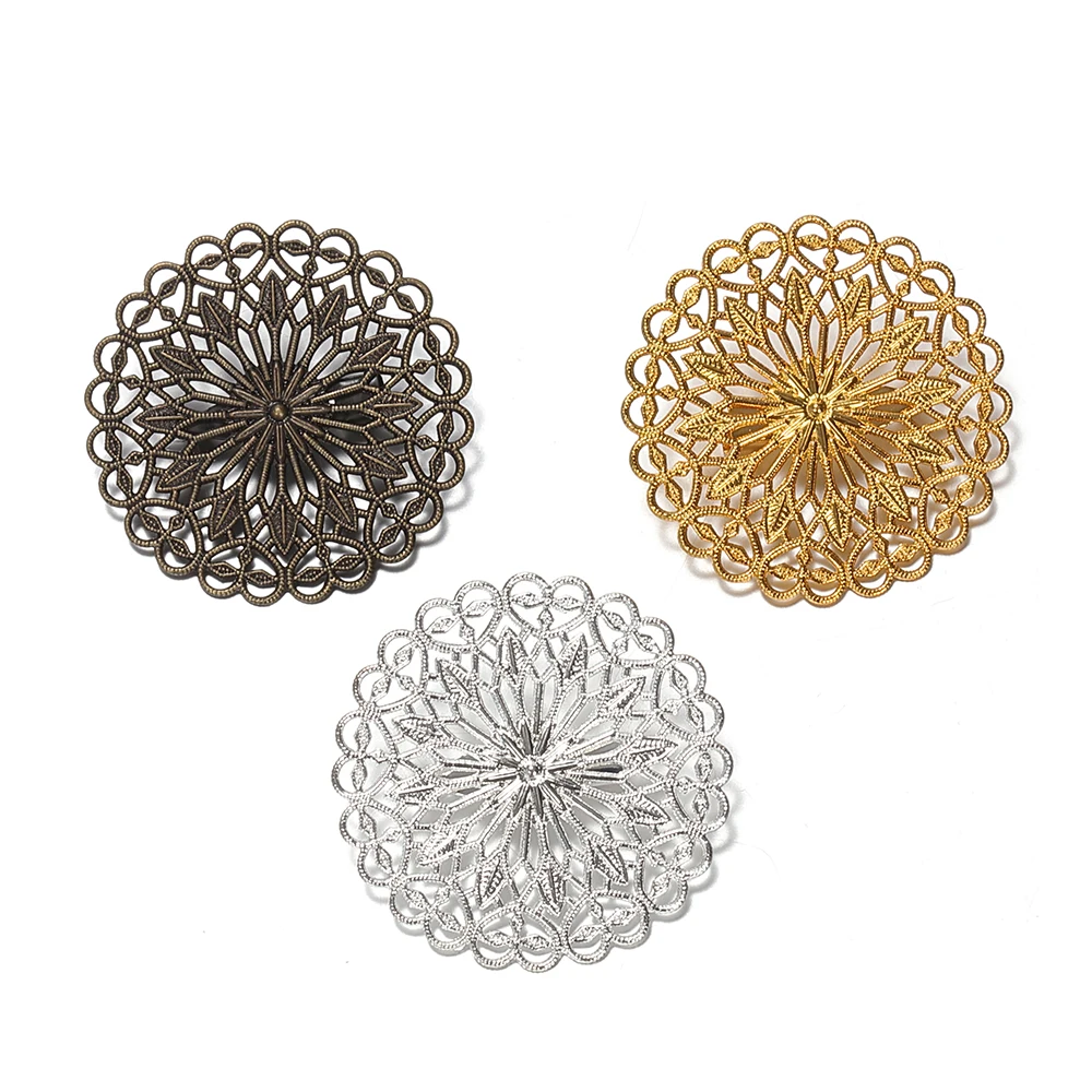 5pcs/lot Brooch Pin Clip Base 38mm Round Hollow Out Brass Filigree Flowers Disc Brooch Buckle for Jewelry Making DIY Accessories