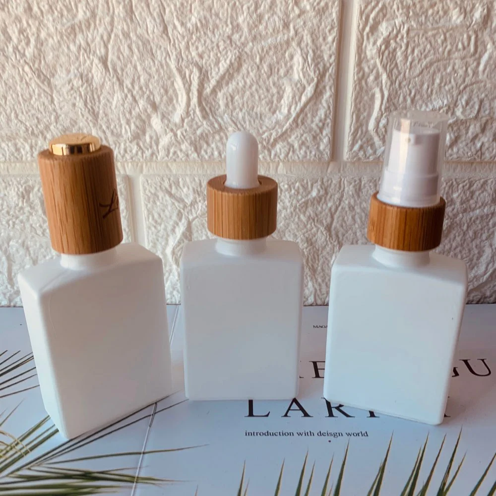 

White matte glass bottles with pump dropper 1 oz square glass spray perfume bottle glass empty bottles bamboo cosmetic container