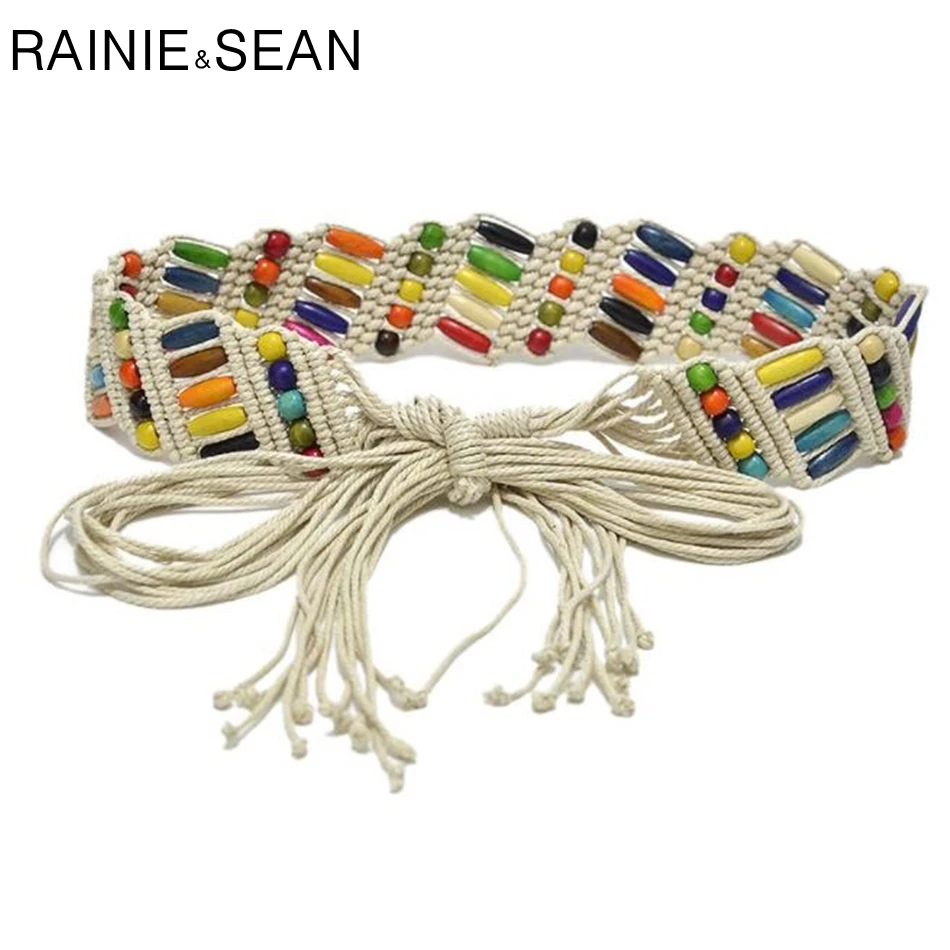 RAINIE SEAN Womens Braided Belt Ethnic Colourful Wooden Bead Belts For Women Handmade Casual Wide Ladies Waist Belt For Dress