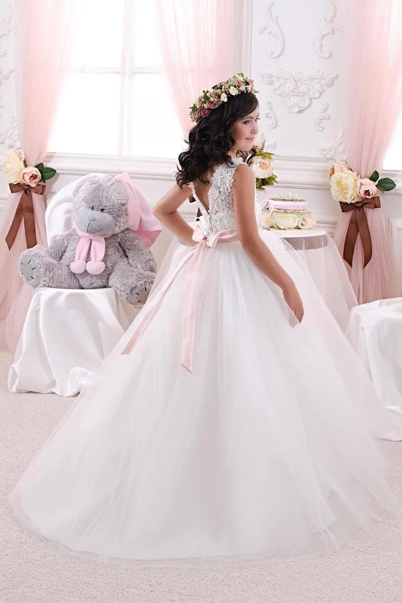 Weiß/Elfenbein Blumen Mädchen Kleider Für Hochzeiten Spitze Bogen Mädchen Pageant Kleider Erstkommunion Kleider Schöne Ballkleid