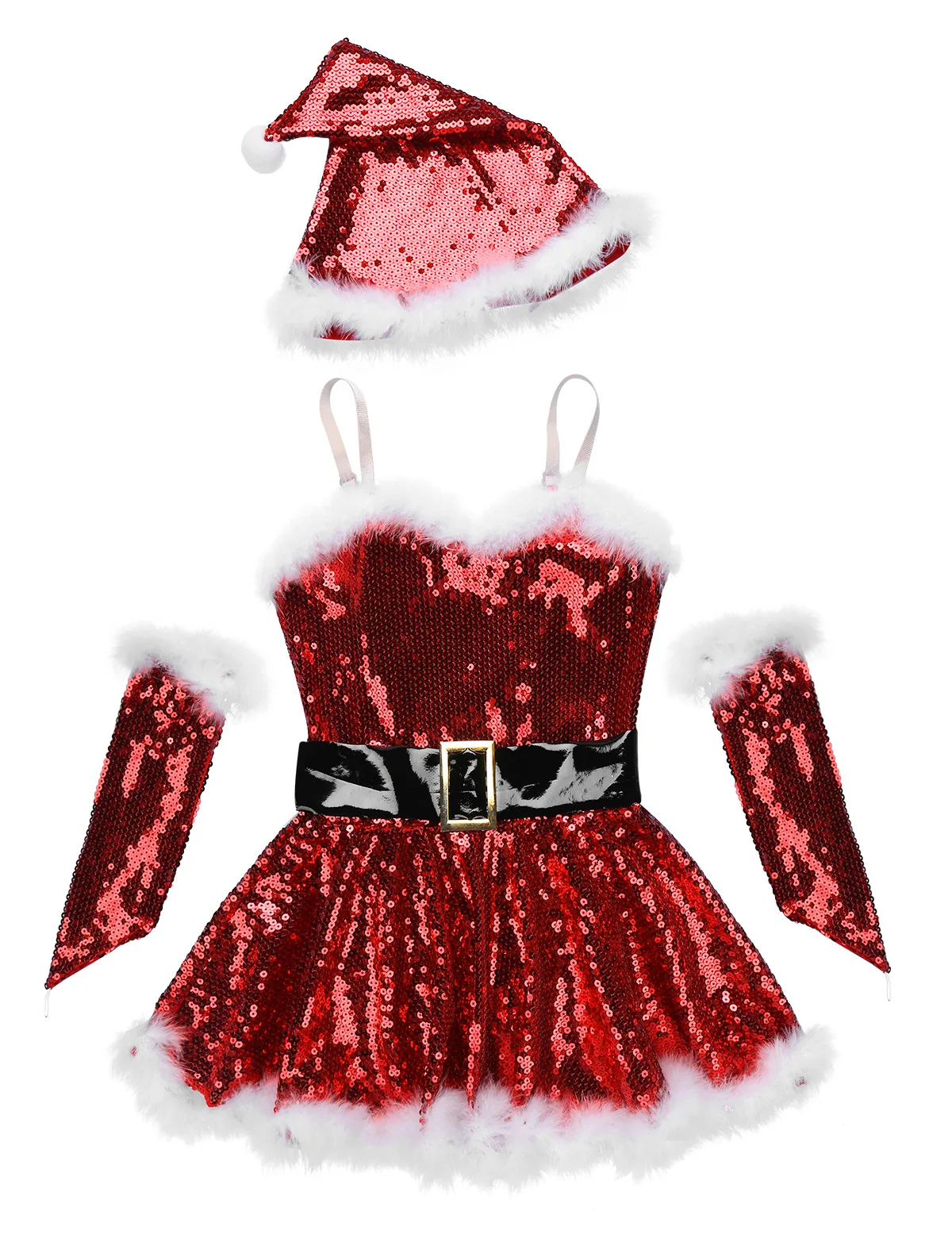 Kids Girls Christmas Dance Costume Outfit Sequins Figure Ice Skating Ballet Dance Leotard Stage Performance Dress with Santa Hat