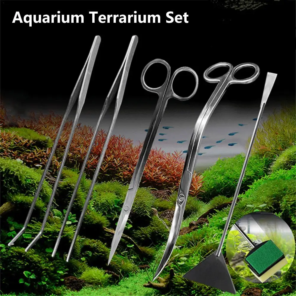 5Pcs Kit Aquarium Tool Fish Tank Set Tweezers Scissor Plant Tweezers Spatula Aquascape Cleaning Tools Stainless Steel Aquatic