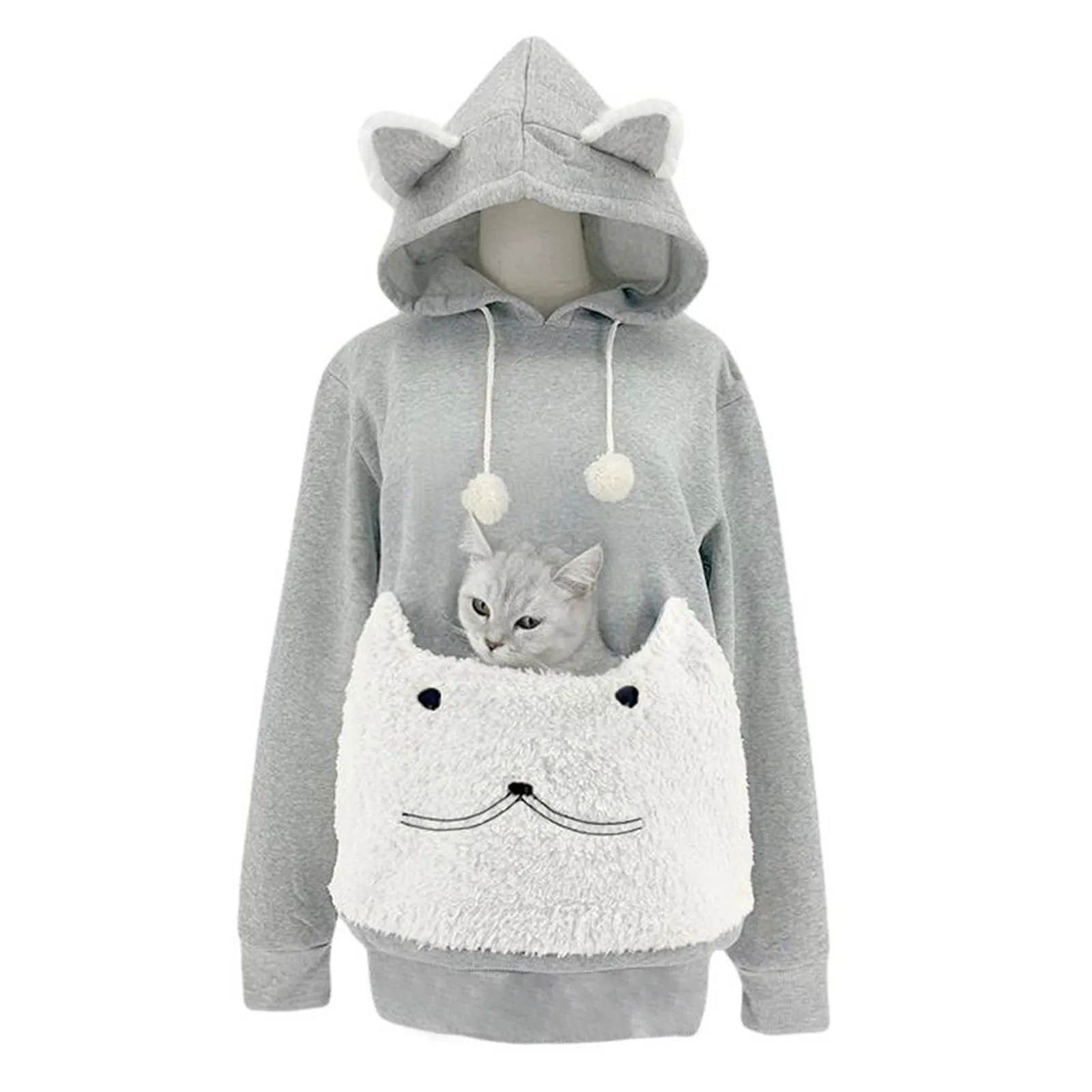 Pet Hoodies Womens Sweatshirts Big Animal Pouch Kawaii Cat Ear Fur Ball Long Sleeve Hooded Girls Pullover Female Tops Blouse