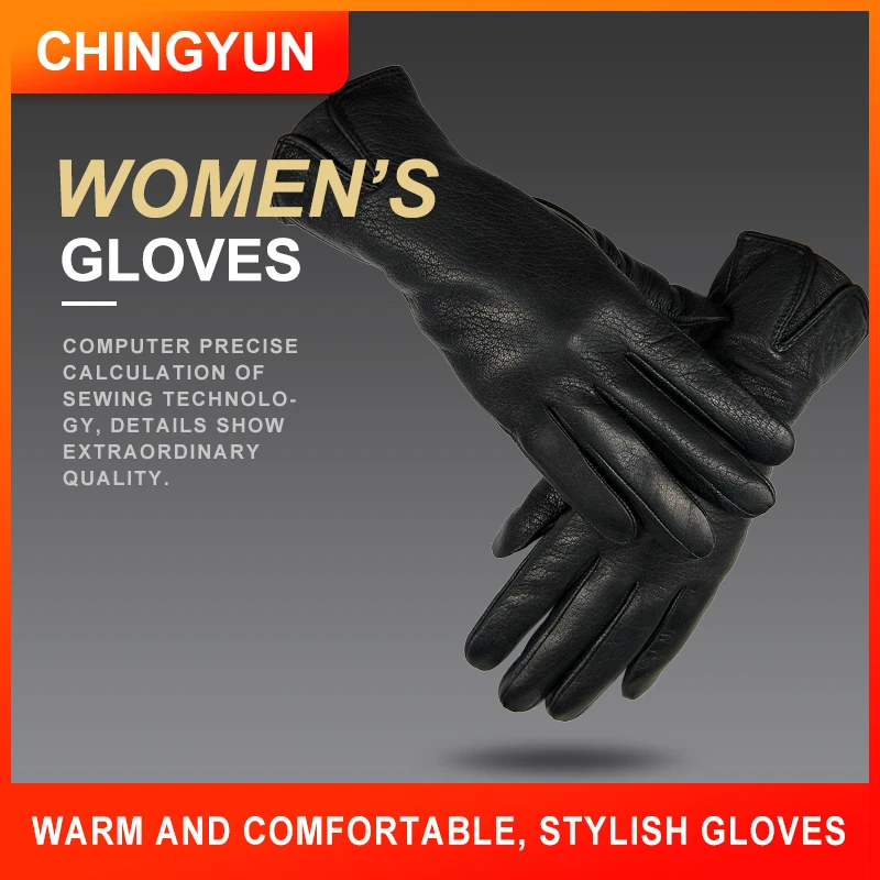 CHINGYUN New Women's Gloves Genuine Leather gloves Winter Woman 70% wool knit lining V-shaped wrist design leather gloves women