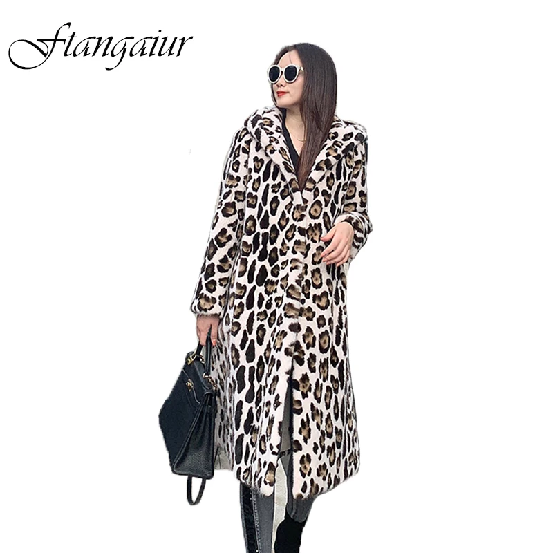Ftangaiur Winter Import Velvet Mink Fur Coat With Fur Hood Print Leopard Loss Mink Coats Women's X-Long Real Mink Fur Coats