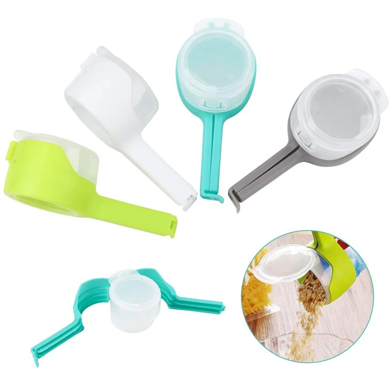 4 Pcs Seal Pour Food Storage Bag Clip Plastic Cap Sealer Clips with Cap Food Grade PP Pour Spout Snack Bag Clips Kitchen Tool