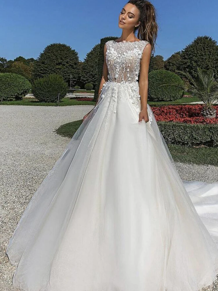 Vestido de casamento a linha o-pescoço tanque renda apliques contas até o chão trem varredura lindo vestido de noiva feito sob encomenda novas chegadas