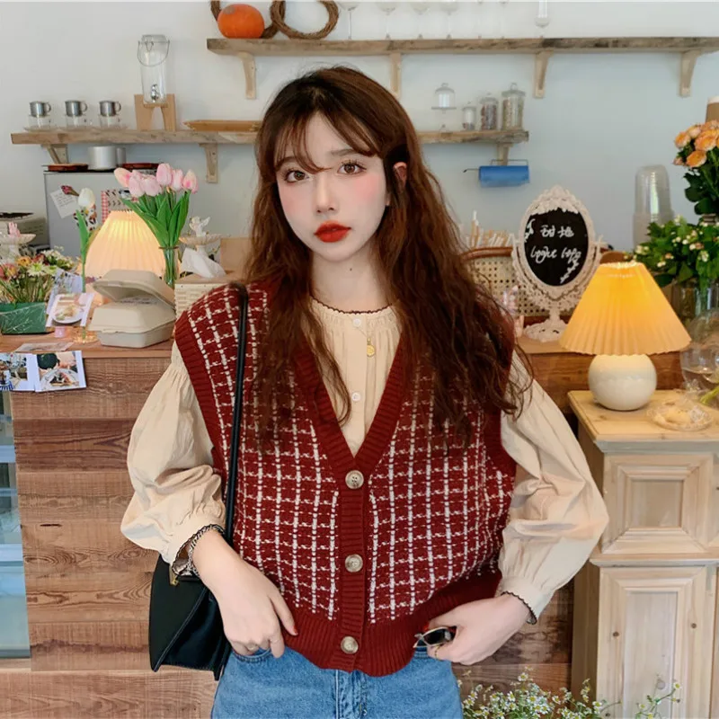 Sweater Vest Women Vintage Burgundy Plaid Soft Casual Korean Trendy Ladies Sleeveless Knitwear Chic Daily Preppy Female Sweaters