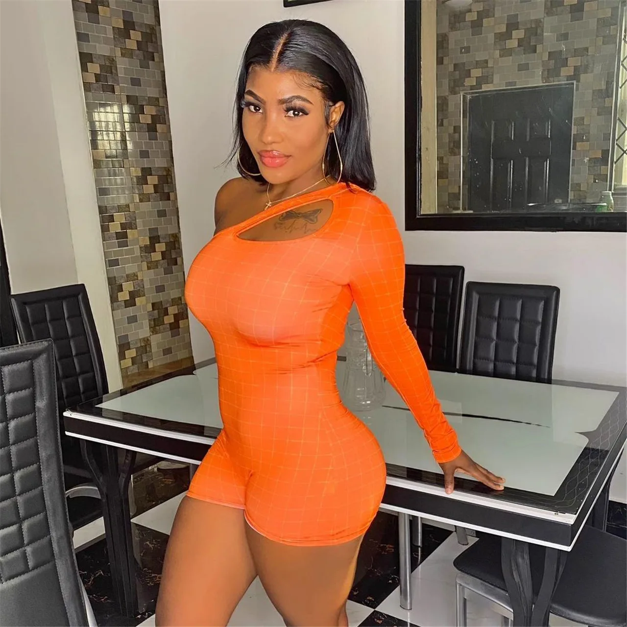 BKLD Sexy Bodycon Jumpsuit Fashion One Shoulder Long Sleeve Hollow Out Plaid Printed Orange Rompers Womens Summer Clothing