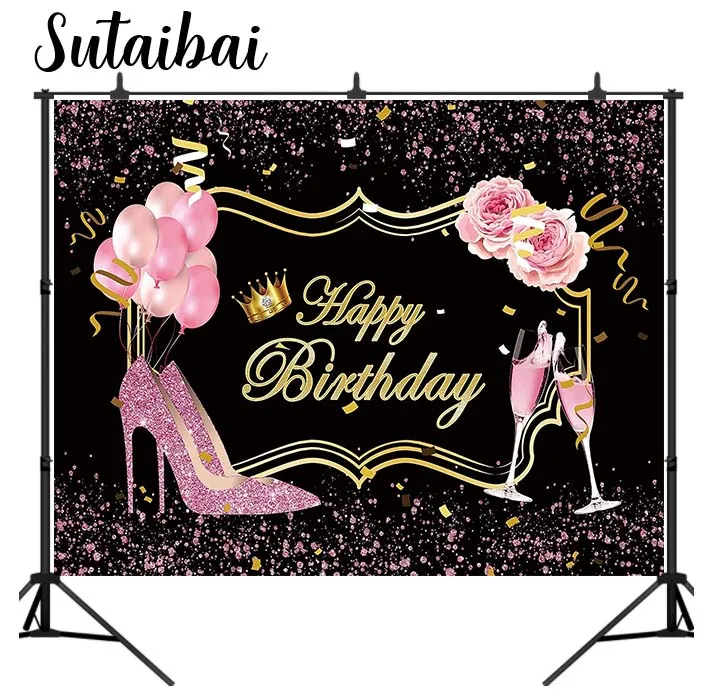 Glitter Pink and Black Background Happy Birthday Theme Photo Backdrop Pink High Heels Champagne Photography Props