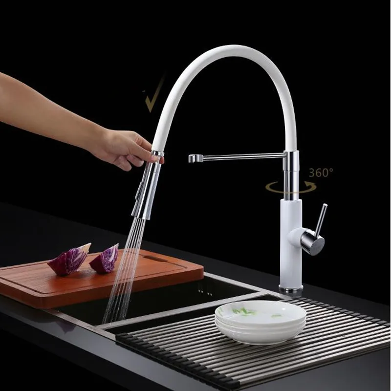 Kitchen sink Faucet white Chrome brass Spring pull down Sink Mixer Tap rotation kitchen mixer taps Kitchen Tap