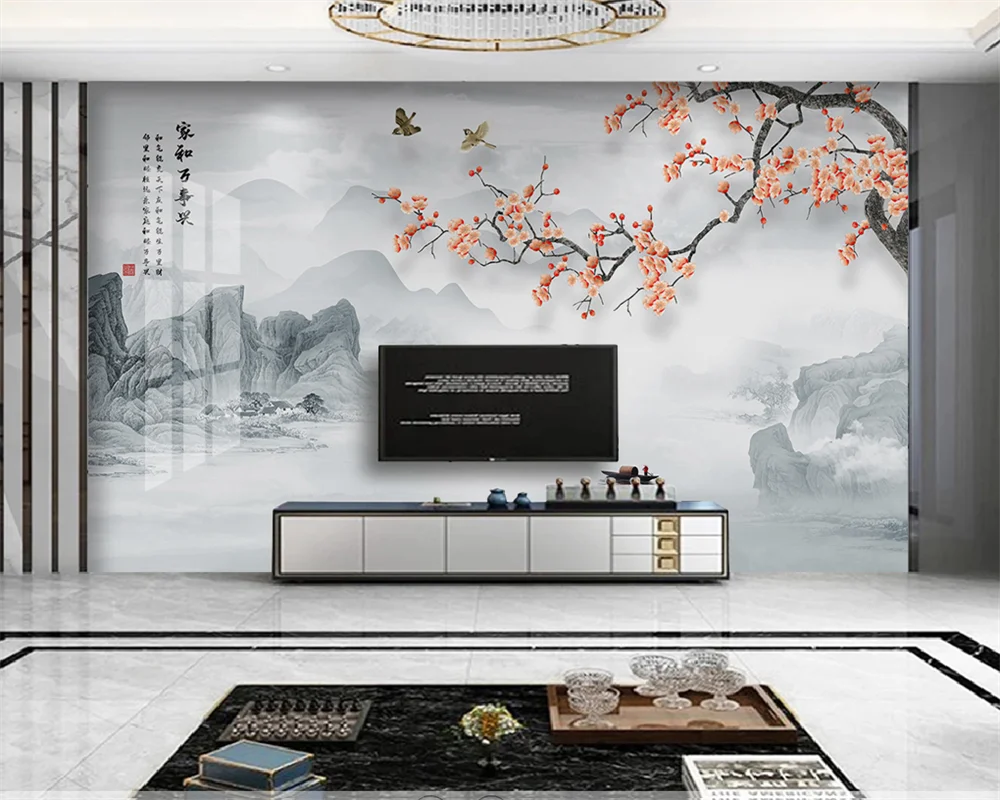 beibehang Customized new Chinese plum blossom ink landscape marble pattern TV background wallpaper papel de parede papier peint