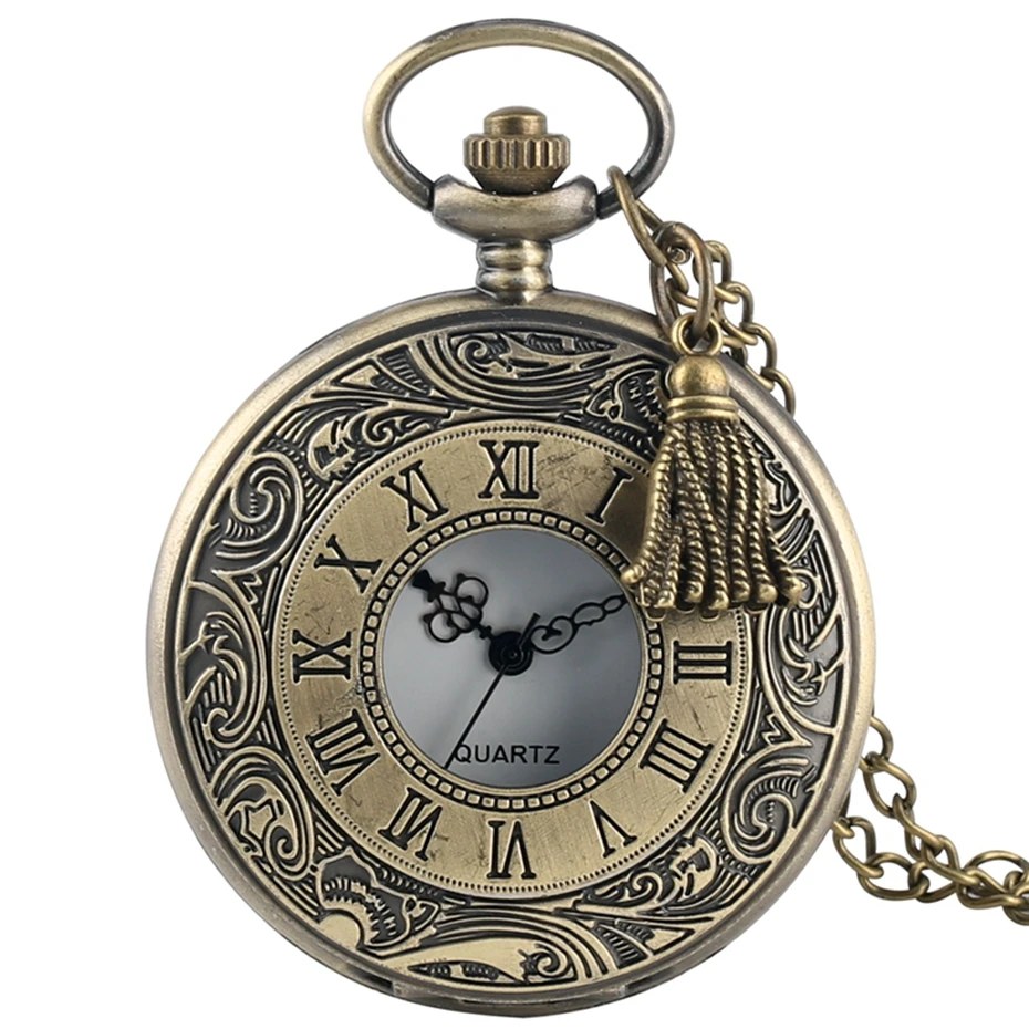 Hollow Roman Number Pocket Watch Vintage Alloy Steampunk Bronze Pendant Necklace Chain Quartz Pocket Watch with Tassel Accessory