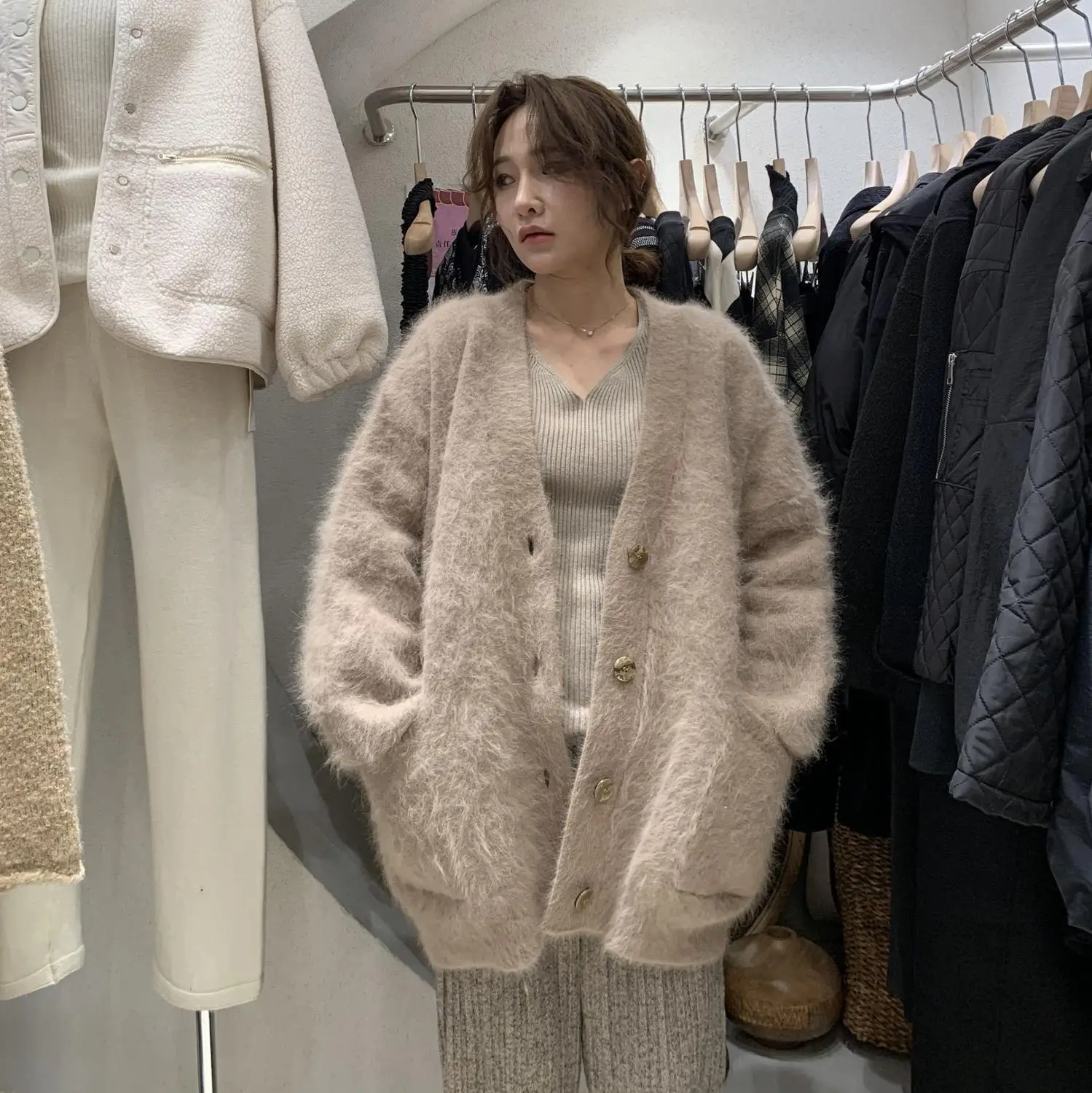 JSXDHK New Autumn Winter Loose Mink Cashmere Sweater Cardigan High Quality Women V Neck Single Breasted Thick Warm Lazy Cardigan