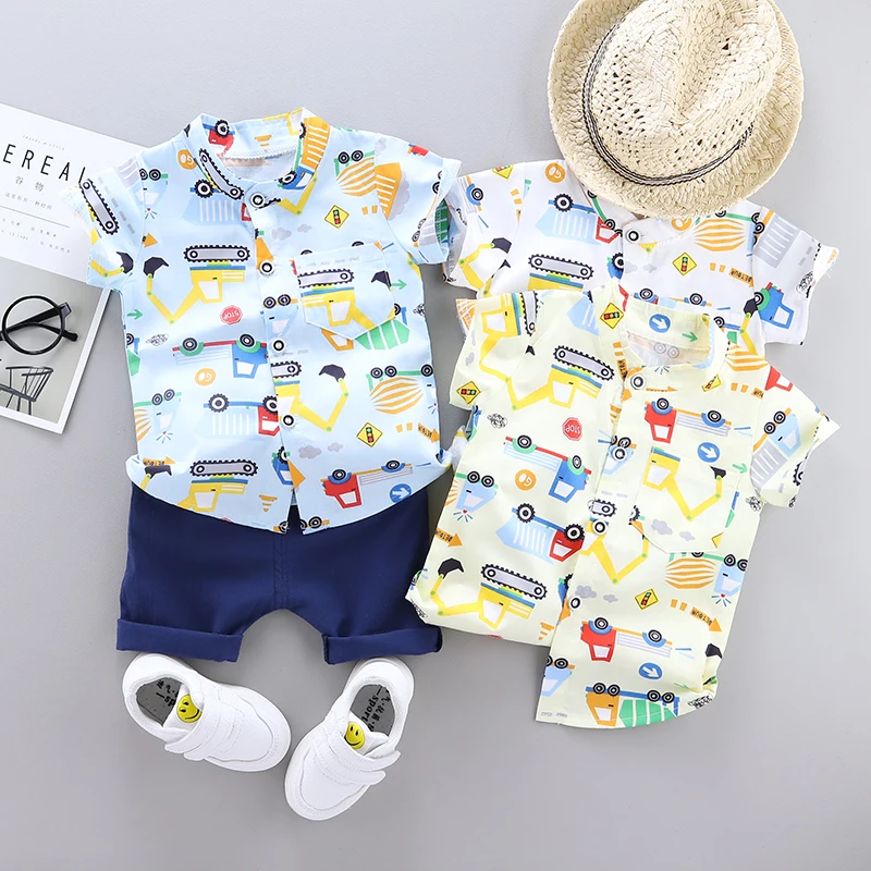 Toddler Baby Boys Girls Clothes Sets Cartoon Excavating Machinery T Shirt +Shorts Pants For Summer Boys Clothing Outfits Suit