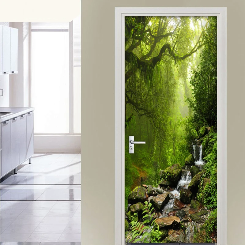 Green Forest Landscape 3D Door Stickers Home Decor Living Room Bedroom DIY Self-Adhesive Door Mural PVC Vinyl Wall Paper Modern