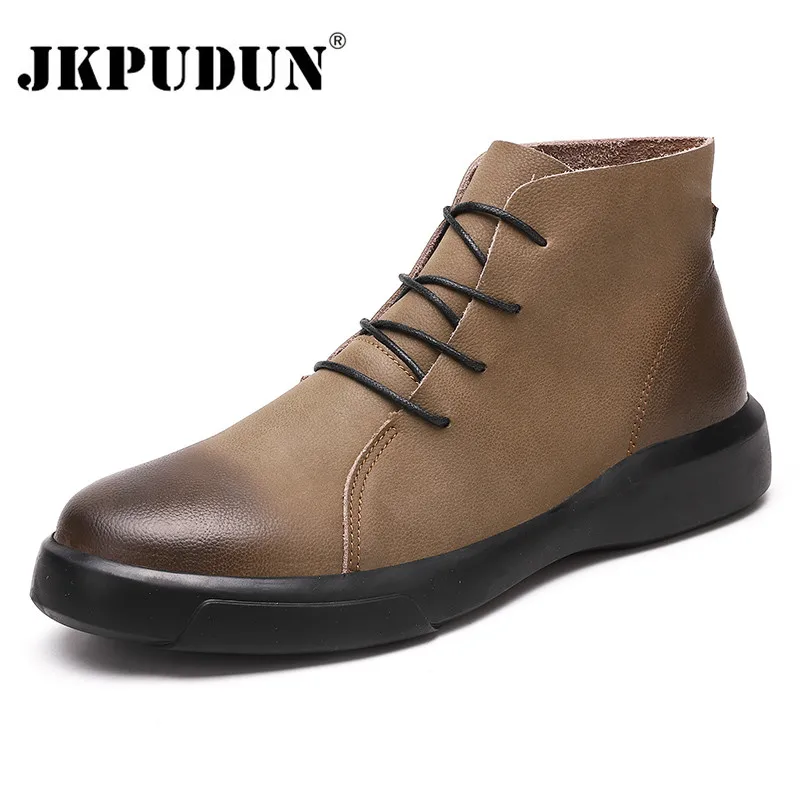 JKPUDUN-Botas de nieve de piel auténtica para hombre, zapatos informales impermeables, cálidos, para invierno