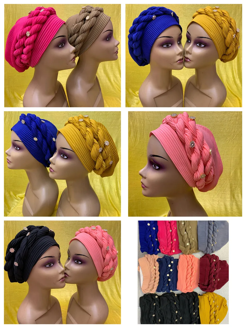 Charming African Braid Elastic Headtie Women's Turban Cap Ready Female Head Wraps Already Made Headties Wedding Hat 12pcs/pack