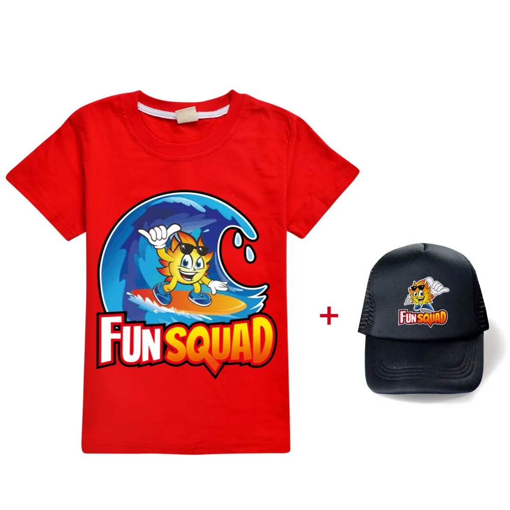 New Summer Fun Squad Gaming T Shirt Children Kawaii Cartoon 3D T-shirt For Boys Girls Kids Clothing Unisex Short Sleeves+sun hat