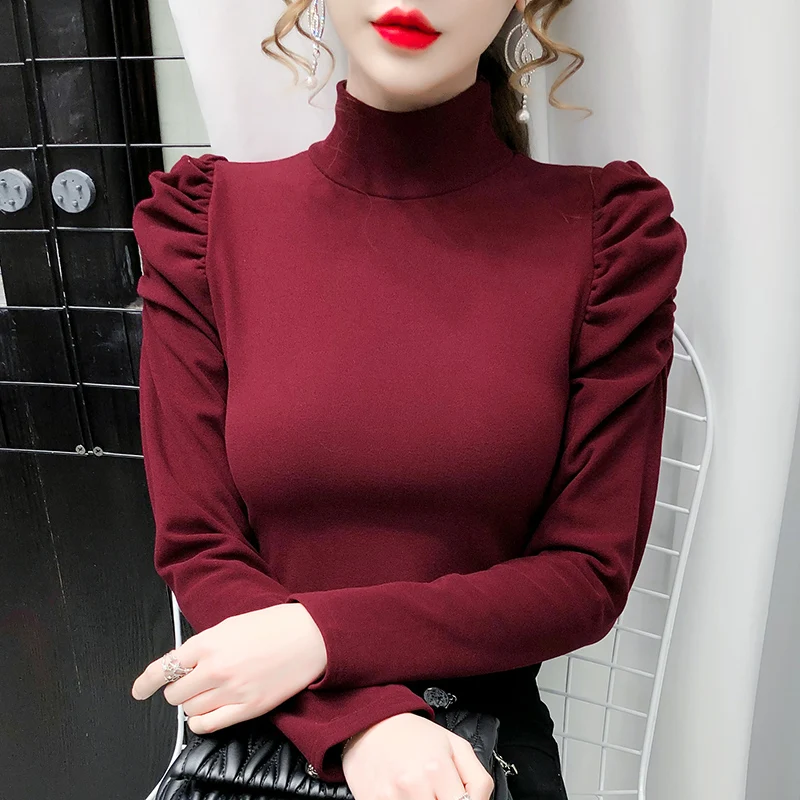 Women T-shirt Spring Autumn Turtleneck Clothes Ribbed Long Puff Sleeve Crop Tops Tees Female Slim Black White Tops