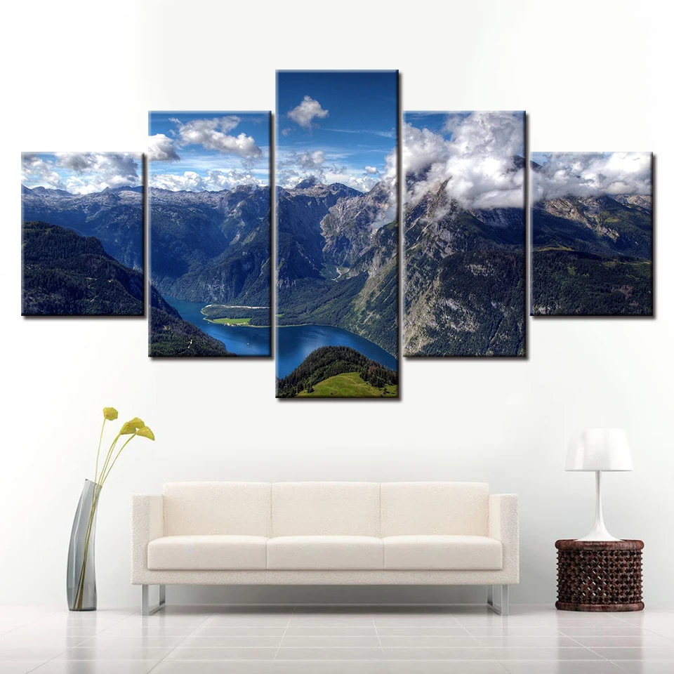 

5 Panel Canvas Painting HD Summer alps mountain landscape Modular Wall Art HD Prints Pictures for Living Room Home Decor