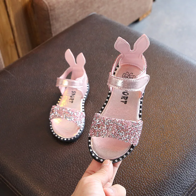 Summer Children\'s Rabbit Ear Sandals Fashion Glitter Rhinestone Girls Princess Roman Sandals Baby Kids Flat Non-slip Beach Shoes