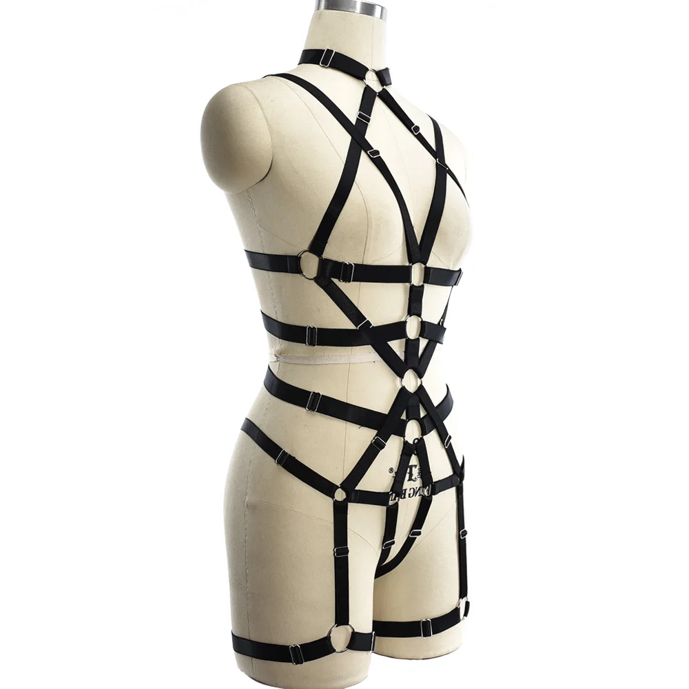 Bondage Body Harness Belt Pole Dance Sexy Lingerie Punk Leg Garter Hollow Open Chest Bra Woman Black Adjust Bodysuit