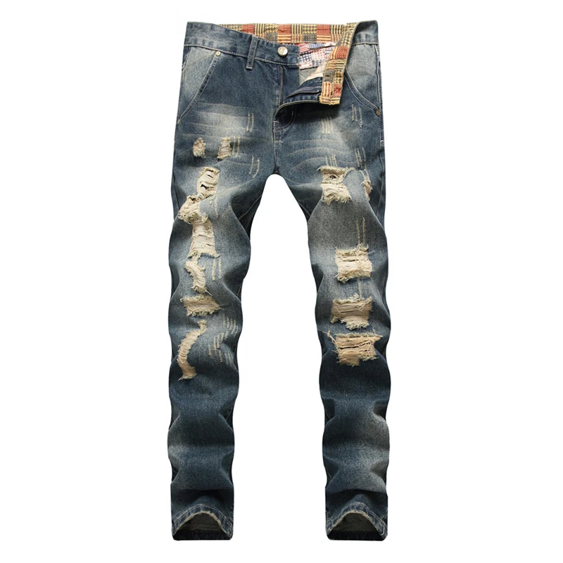 

High Quality Men's Pale Gray Blue Patchwork Jeans Fashion Straight Trousers Slim Skinny Holes Ripped Stretch Casual Denim Pants