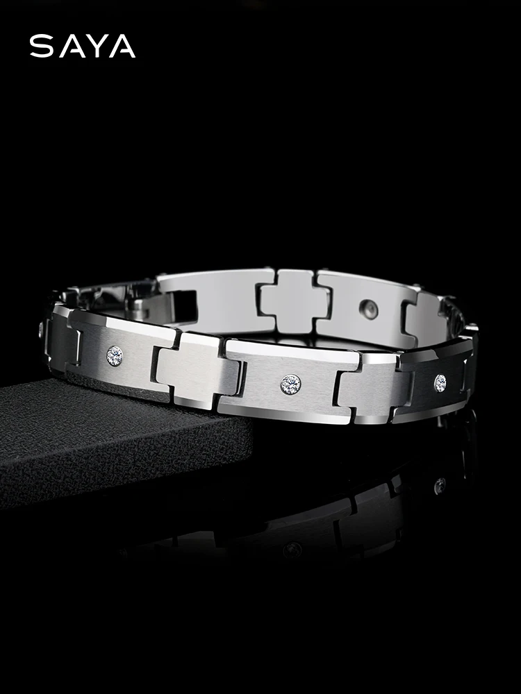 Tungsten Bracelet for Men Carbide Chain Jewelry Inlay CZ Stones 10mm Width 20 cm Length, Customized