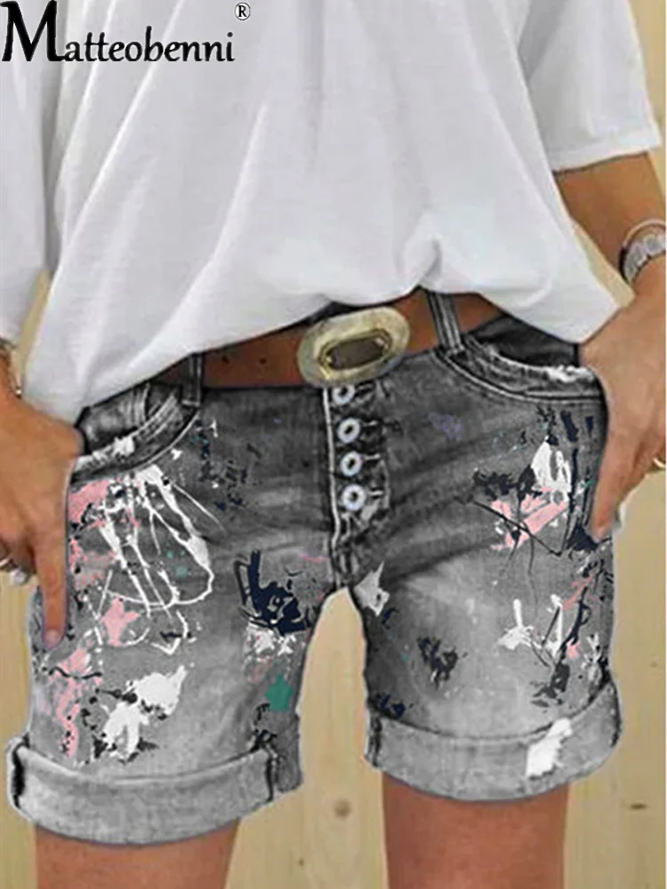 2021 Female Casual Bottoms Harajuku Vintage Streetwear Summer New Buttons Women Denim Shorts Washed Flower Print Jeans