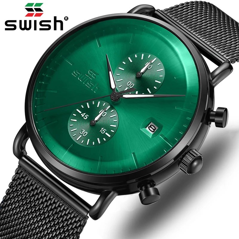 Creative Designer Brand Quartz Watches Men Stainless Steel Black Green Chronograph Sports Watch Waterproof Minimalist Clock 2020