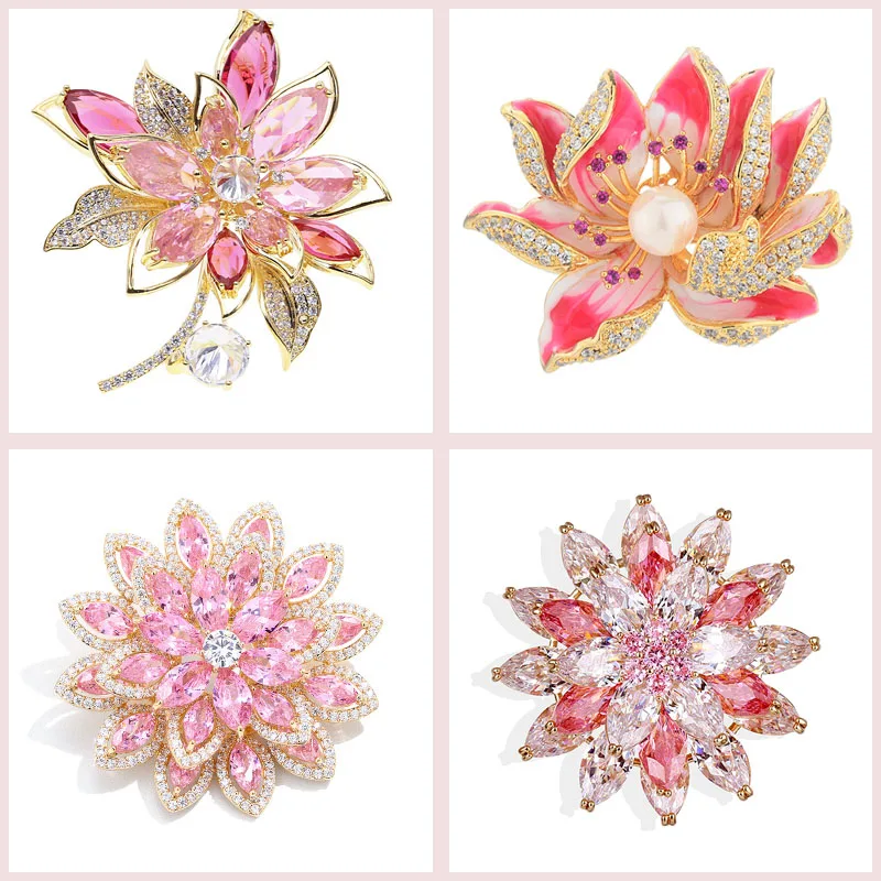 Hot Beautiful Pink Crystal Zircons Flowers Brooches Pins Dress Sash Pin Bridal Wedding Bouquet Brooch Jewelry Gift Broches Mujer