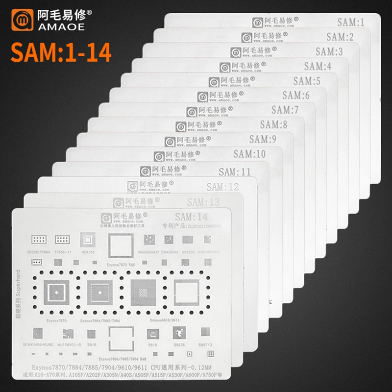 

Amaoe SAM1-18 BGA Reballing Stencil For Samsung A10-A70 A54 A53 S10 S23 S22 S21 S20 A12 A13 A14 Note 20 10 9 8 CPU RAM Power IC